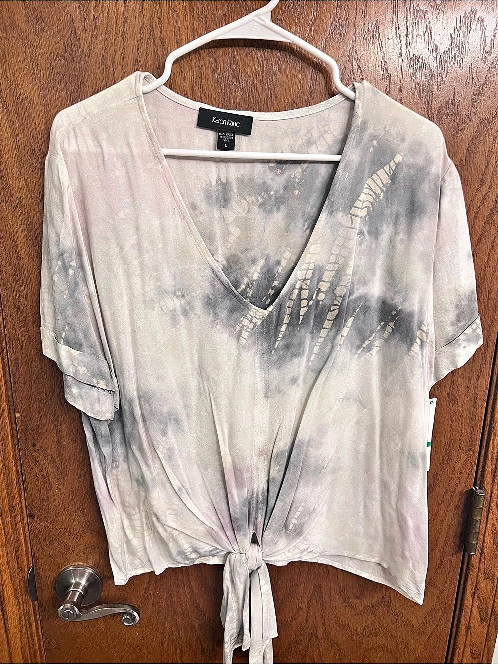 Karen Kane Countryside Tie Front Top Gray & Pink Size Large